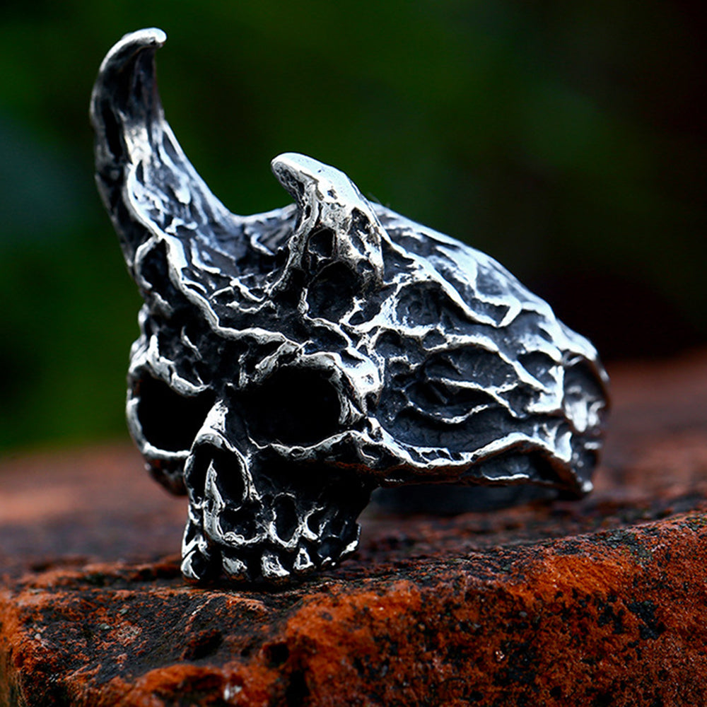 ZMY Home Devil Skull Ring with Asymmetrical Horns | Unique Gothic Stainless Steel Party Jewelry