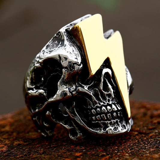 ZMY Home Stainless Steel Punk Rock Skull Ring - Edgy Alt Style with Gold Lightning Detail for Party Jewelry
