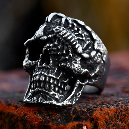 ZMY Home Stainless Steel Skull Ring with Scorpion Design – Gothic Biker Party Jewelry for Men, Vintage Punk Skull and Scorpion Statement Ring