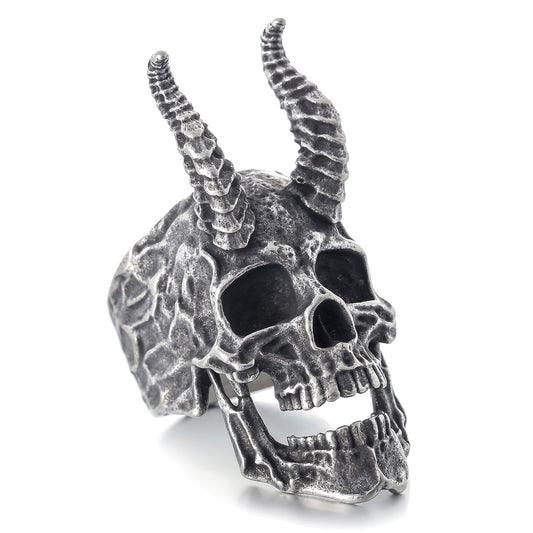 ZMY Home Antique Silver Horned Devil Skull Ring for Men, Gothic Baphomet Punk Rock Style, Edgy Satanic Goat Horn Jewelry Gift