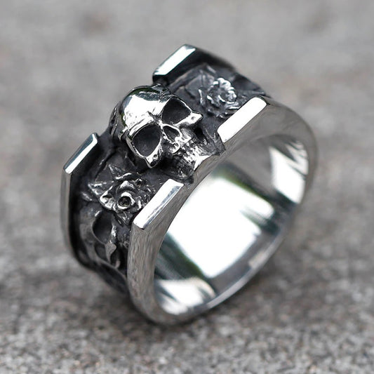 Rose Carved Stainless Steel Skull Ring Party Jewelry - Gothic Rectangle Design by ZMY Home