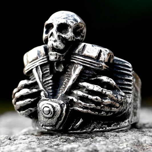 ZMY Home Stainless Steel Party Jewelry Skull Ring with Engine Design - Large Chunky Ring for Men and Women, Unique Skull and Engine Style