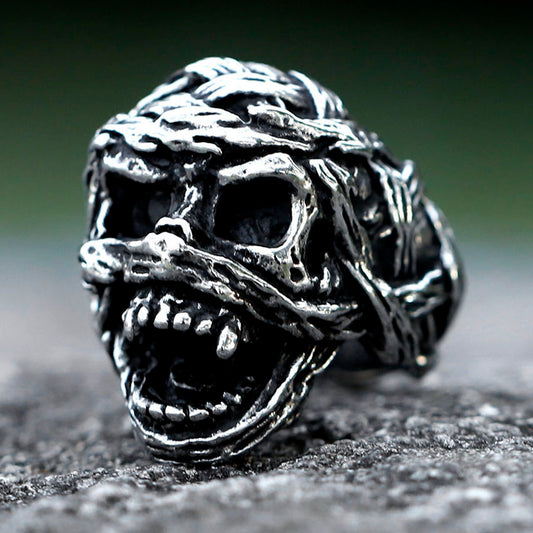 ZMY Home Mummy Skull Ring - Stainless Steel Party Jewelry Ring with Bandages and Open Mouth