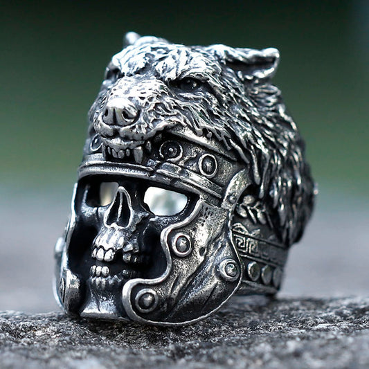 Nordic Viking Culture Skull Ring with Helmet and Beast Head Sculpture - ZMY Home Stainless Steel Party Jewelry