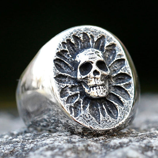 Stainless Steel Skull Stamp Ring with Leaf Design - Unique Men's Party Jewelry by ZMY Home
