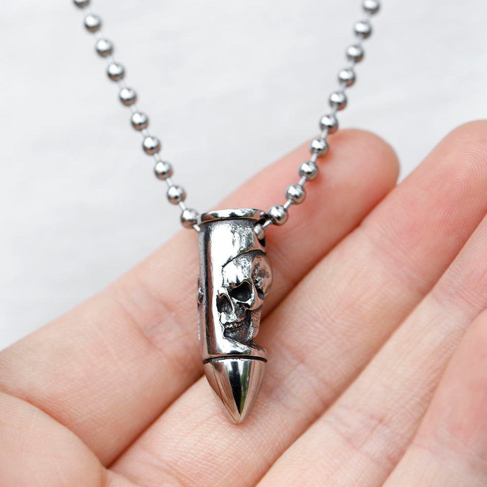 ZMY Home Stainless Steel Bullet Pendant Necklace - Featuring a Striking Skull Carving Design