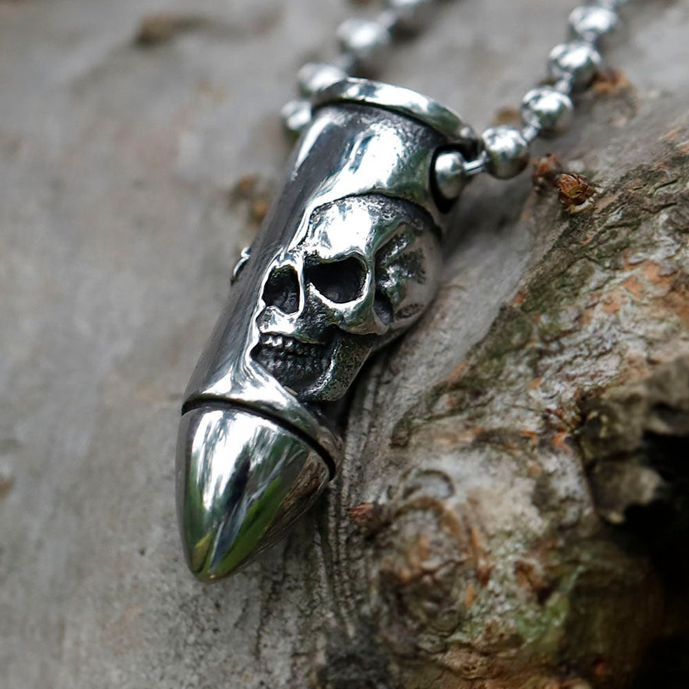 ZMY Home Stainless Steel Bullet Pendant Necklace - Featuring a Striking Skull Carving Design