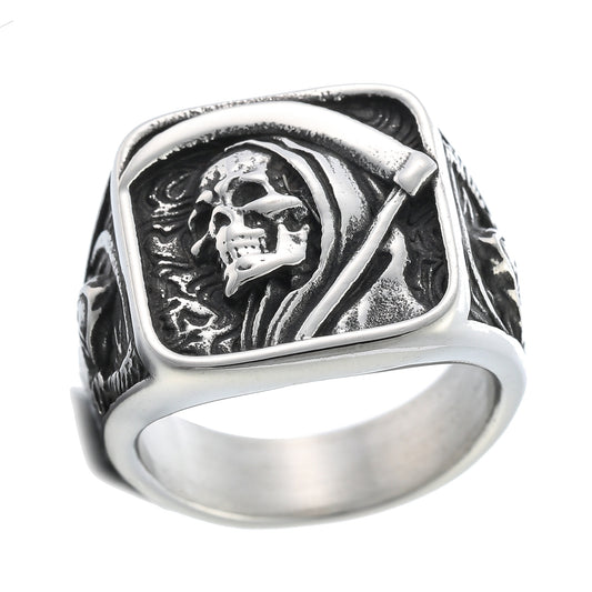 ZMY Home Gothic Skull Ring - Stainless Steel Signet Ring for Men - Reaper Ring with Hook Design - Unique Party Jewelry Gift