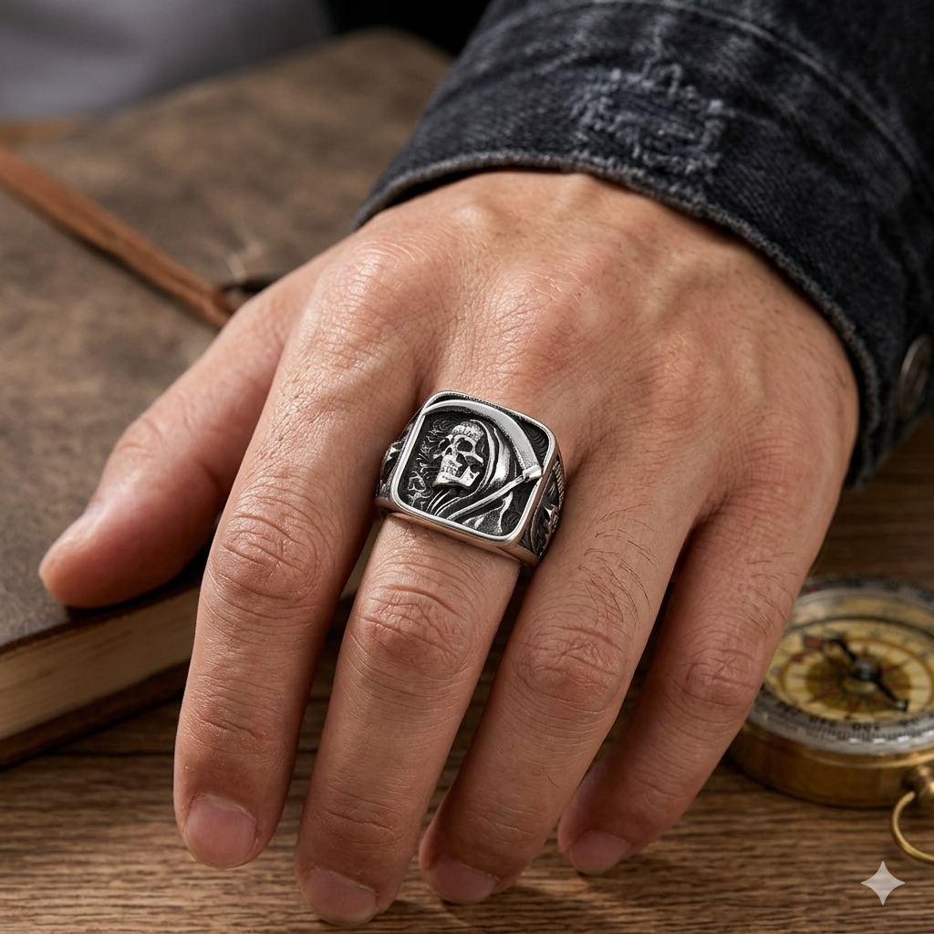 ZMY Home Gothic Skull Ring - Stainless Steel Signet Ring for Men - Reaper Ring with Hook Design - Unique Party Jewelry Gift