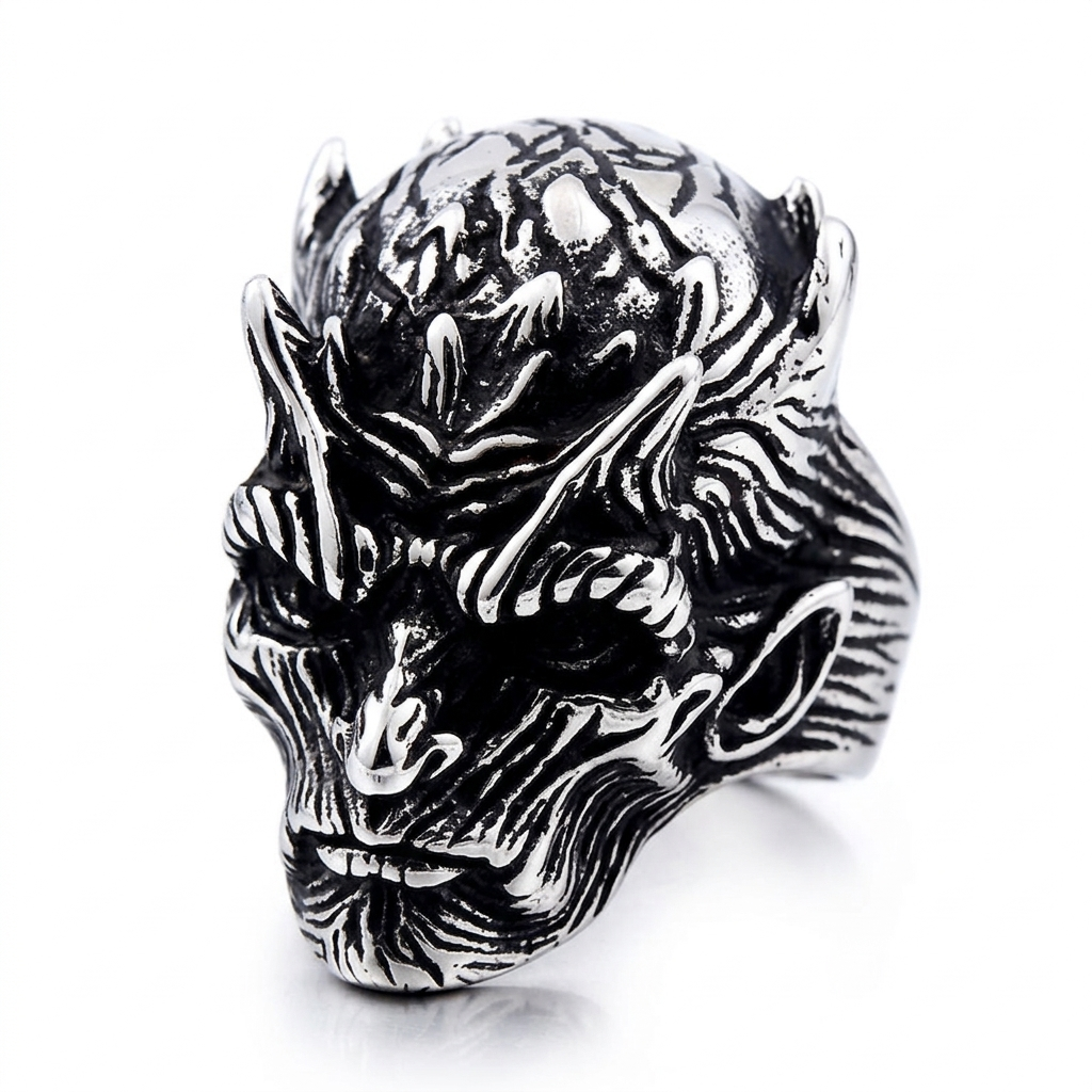 ZMY Home Men's Gothic Ice Demon Skull Ring, Vintage Stainless Steel Night King Style Biker Ring, Punk Rock Ghost Warrior Statement Jewelry