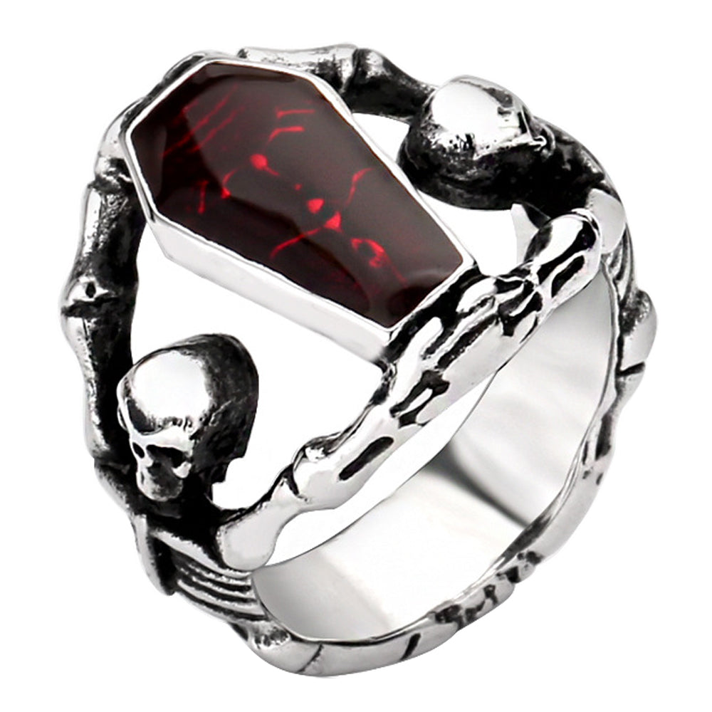 ZMY Home Gothic Skull Ring for Women, Stainless Steel Red Resin Vampire Coffin Ring, Vintage Punk Statement Jewelry