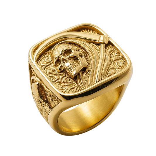 ZMY Home Gothic Skull Ring - Stainless Steel Signet Ring for Men - Gold Reaper Ring with Hook Design - Unique Jewelry Gift