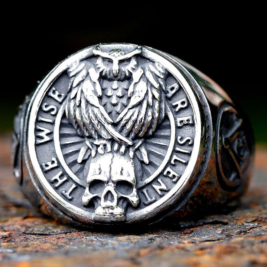 ZMY Home Stainless Steel Owl and Skull Emblem Signet Ring | Unique Masonic Symbol Party Jewelry