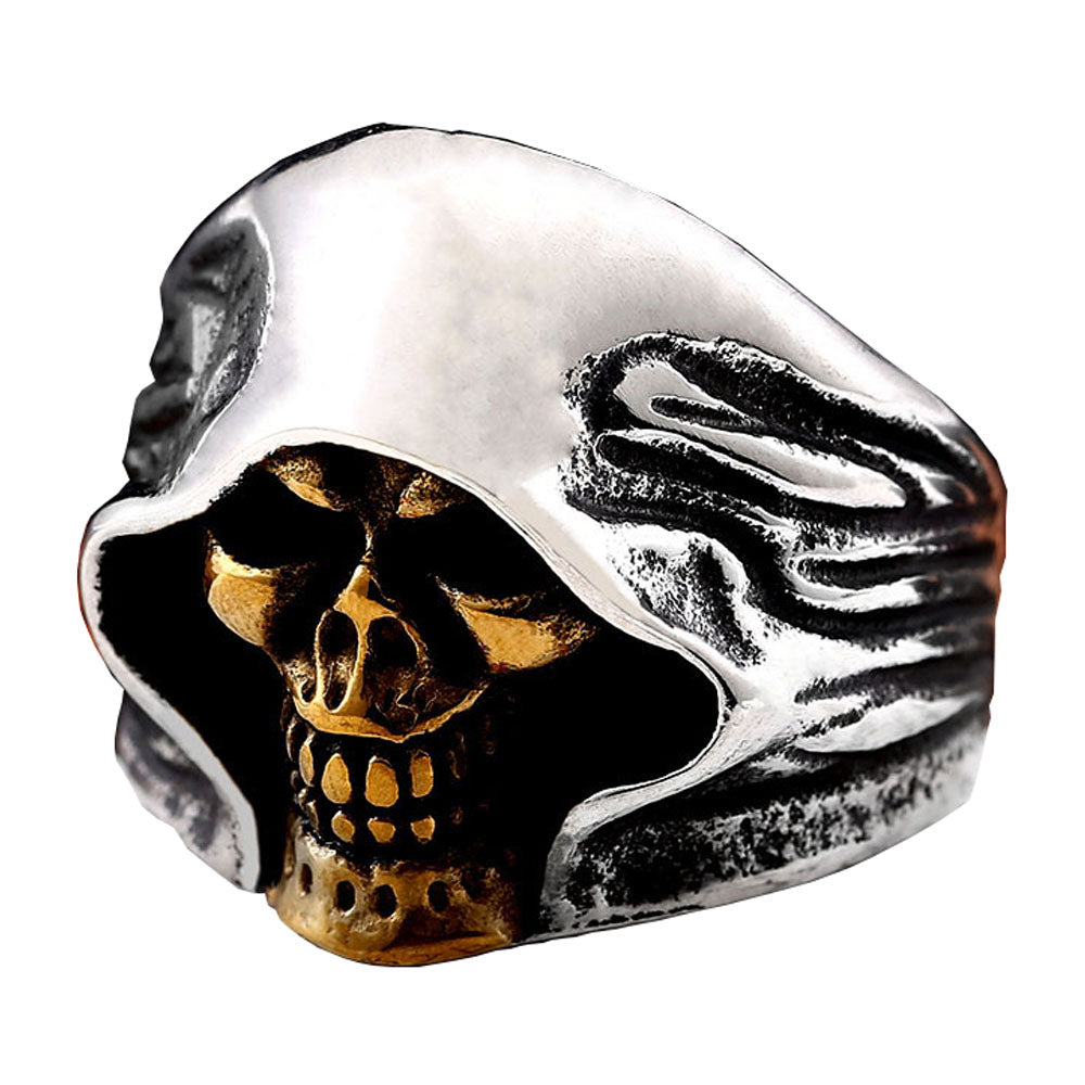ZMY Home Gothic Hooded Skull Ring for Men, Stainless Steel Punk Biker Grim Reaper Ring, Vintage Statement Jewelry