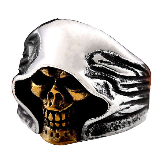ZMY Home Gothic Hooded Skull Ring for Men, Stainless Steel Punk Biker Grim Reaper Ring, Vintage Statement Jewelry