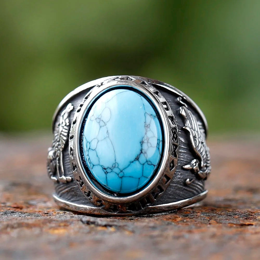 ZMY Home Stainless Steel Ring with Turquoise Stone - Norse Mythology Inspired Wolf and Raven Engraving, Viking Jewelry for Men and Women