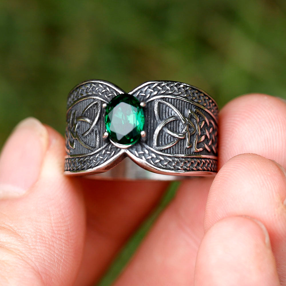 ZMY Home Norse Viking Knot Stainless Steel Punk Spinner Ring - Unique Statement Odin Jewelry Gifts for Him & Her with Green Gemstone