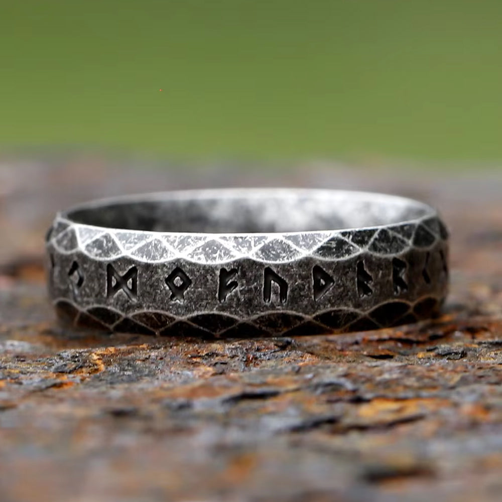 ZMY Home Elder Futhark Runes Ring - 6mm Stainless Steel Band with Runic Alphabet Design - Nordic Viking Jewelry