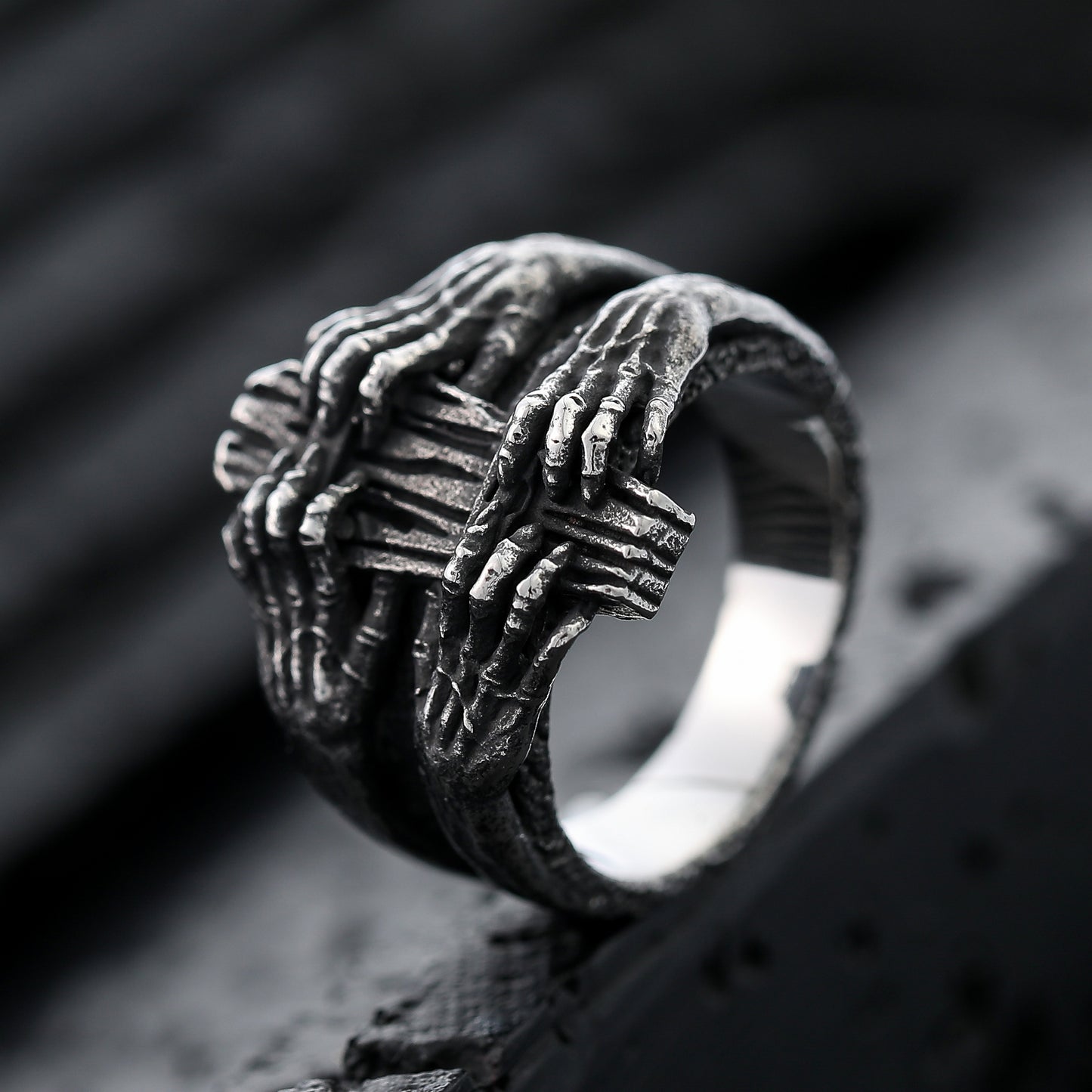 ZMY Home Gothic Skeleton Hand Coffin Ring for Men, Stainless Steel Punk Skull Hand Ring, Vintage Dark Statement Jewelry