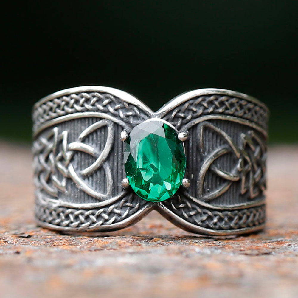 ZMY Home Norse Viking Knot Stainless Steel Punk Spinner Ring - Unique Statement Odin Jewelry Gifts for Him & Her with Green Gemstone