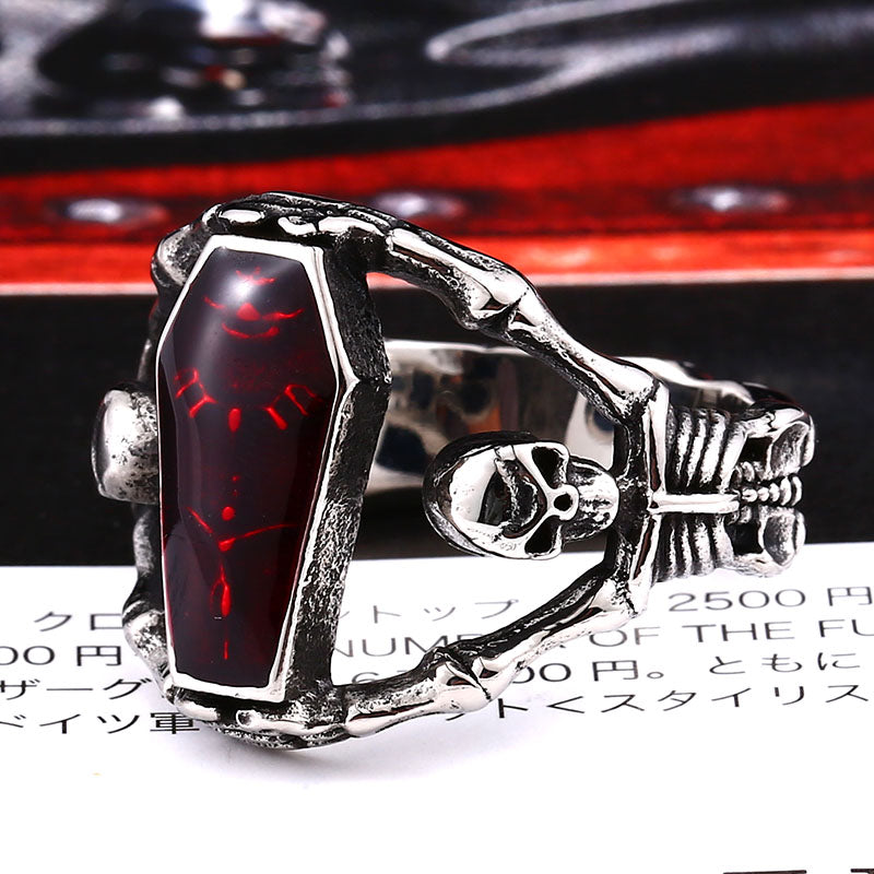 ZMY Home Gothic Skull Ring for Women, Stainless Steel Red Resin Vampire Coffin Ring, Vintage Punk Statement Jewelry