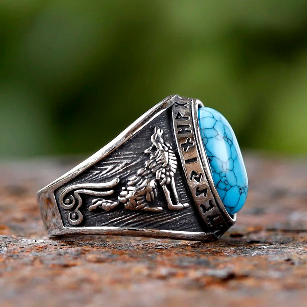 ZMY Home Stainless Steel Ring with Turquoise Stone - Norse Mythology Inspired Wolf and Raven Engraving, Viking Jewelry for Men and Women