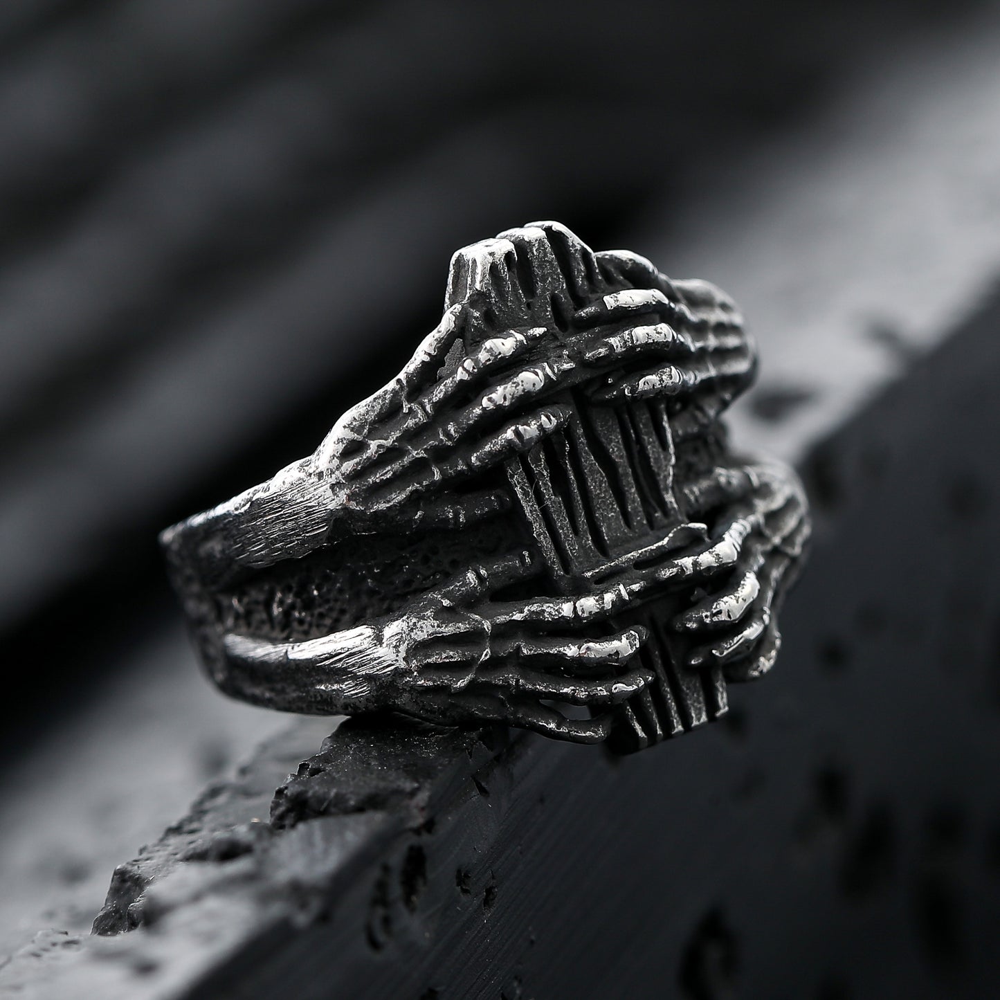 ZMY Home Gothic Skeleton Hand Coffin Ring for Men, Stainless Steel Punk Skull Hand Ring, Vintage Dark Statement Jewelry