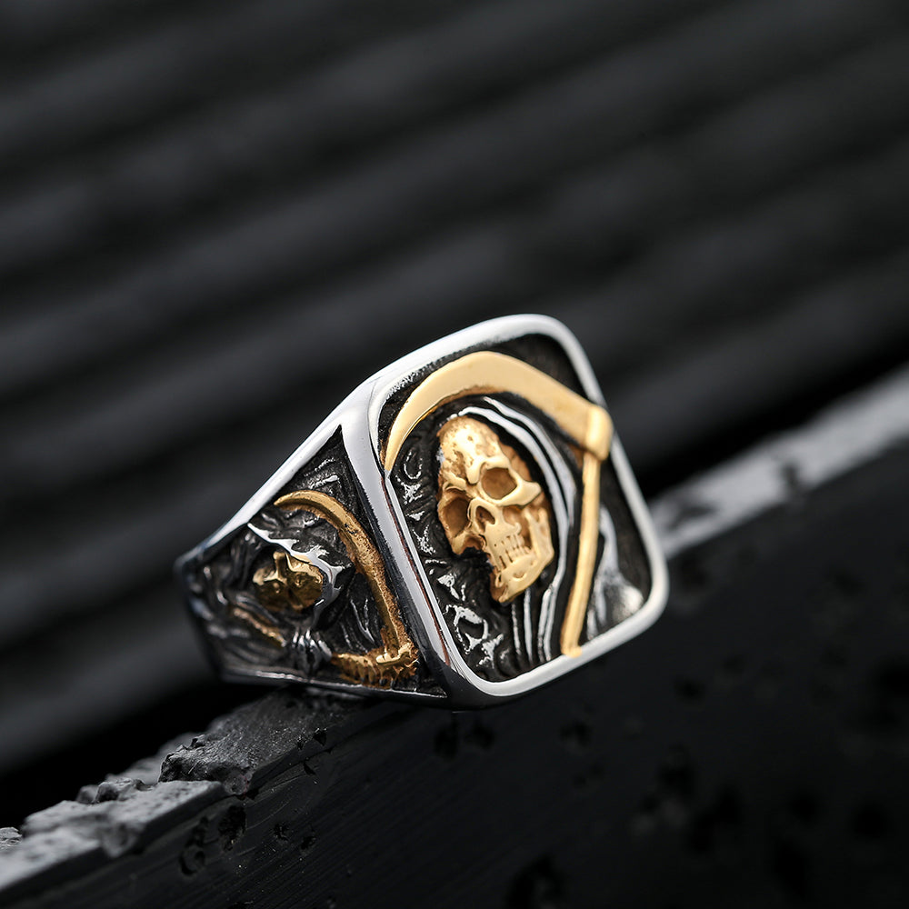ZMY Home Gothic Skull Ring - Stainless Steel Signet Ring for Men - Multi-color Reaper Ring with Hook Design - Unique Jewelry Gift