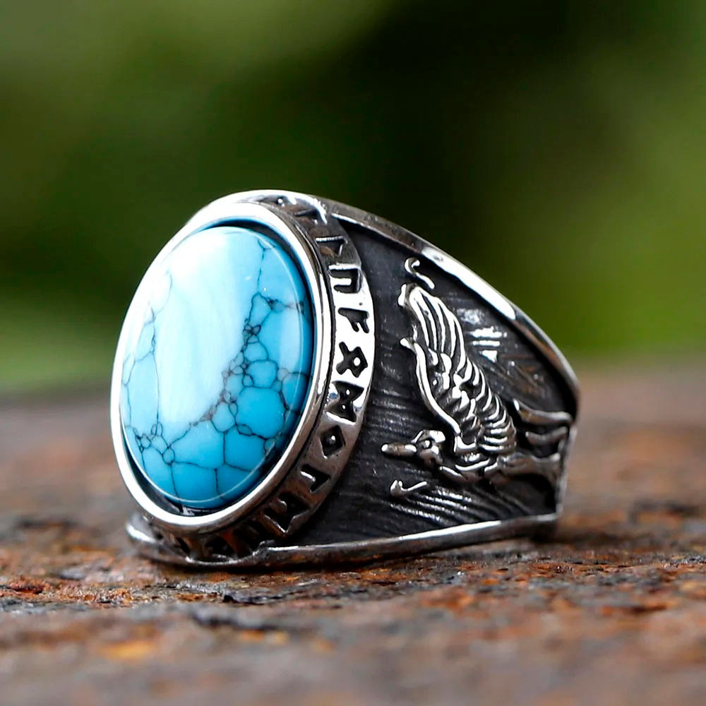 ZMY Home Stainless Steel Ring with Turquoise Stone - Norse Mythology Inspired Wolf and Raven Engraving, Viking Jewelry for Men and Women