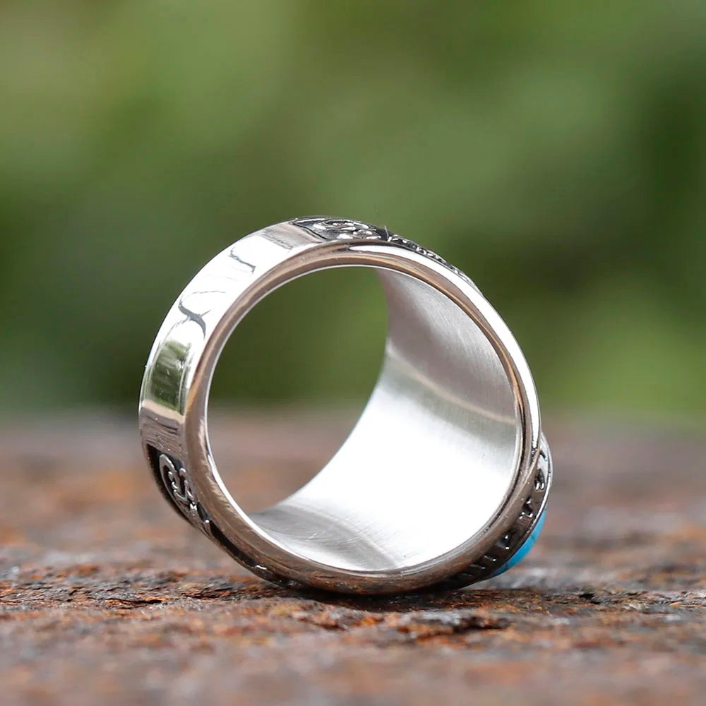 ZMY Home Stainless Steel Ring with Turquoise Stone - Norse Mythology Inspired Wolf and Raven Engraving, Viking Jewelry for Men and Women