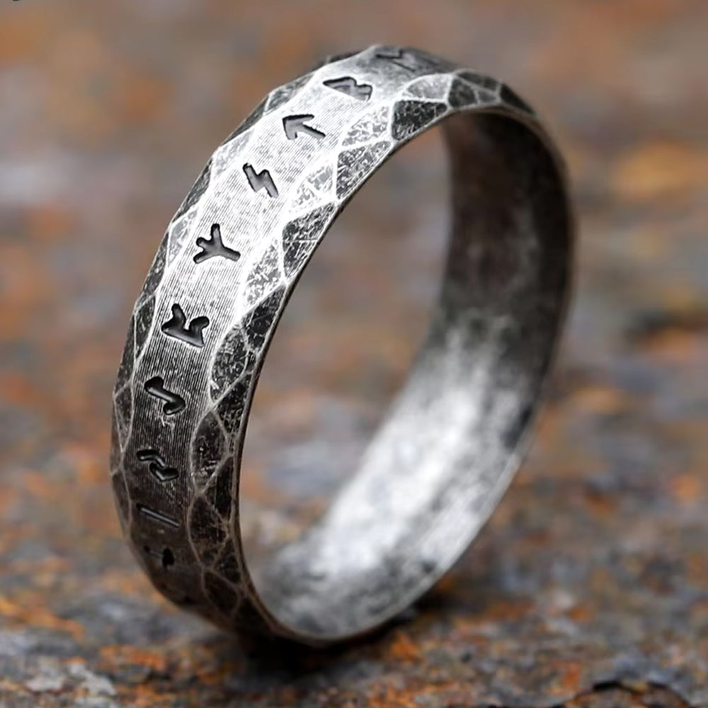 ZMY Home Elder Futhark Runes Ring - 6mm Stainless Steel Band with Runic Alphabet Design - Nordic Viking Jewelry