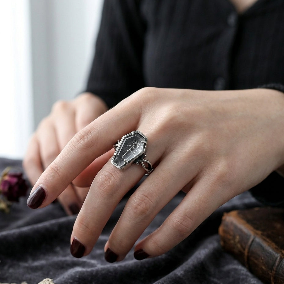ZMY Home Coffin Rose Ring for Women, Gothic Silver Plated Vintage Punk Jewelry, Unique Memento Mori Gift