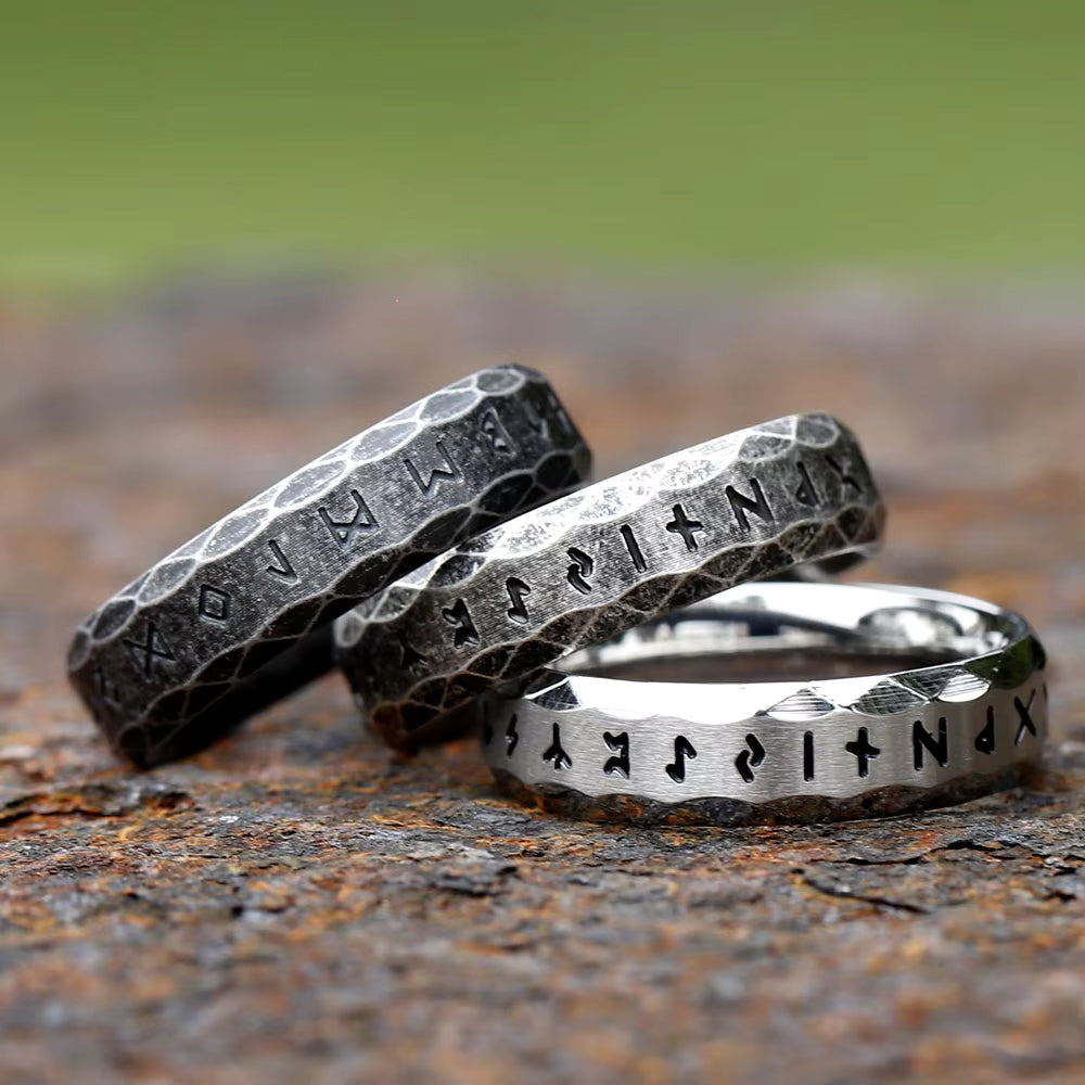 ZMY Home Elder Futhark Runes Ring - 6mm Stainless Steel Band with Runic Alphabet Design - Nordic Viking Jewelry