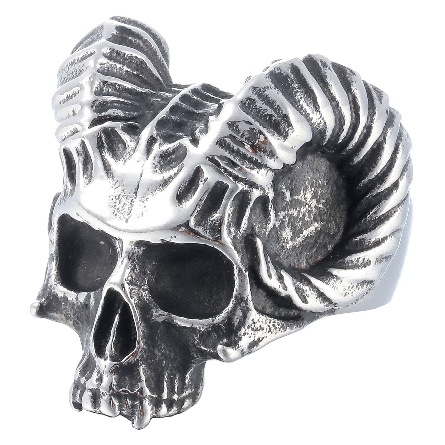 ZMY Home Antique Silver Ram Skull Ring for Men, Gothic Baphomet Goat Horns Demon Style, Edgy Evil Satanic Jewelry Gift