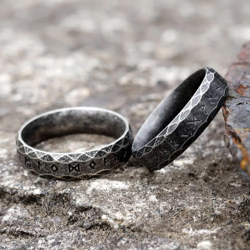 ZMY Home Elder Futhark Runes Ring - 6mm Stainless Steel Band with Runic Alphabet Design - Nordic Viking Jewelry