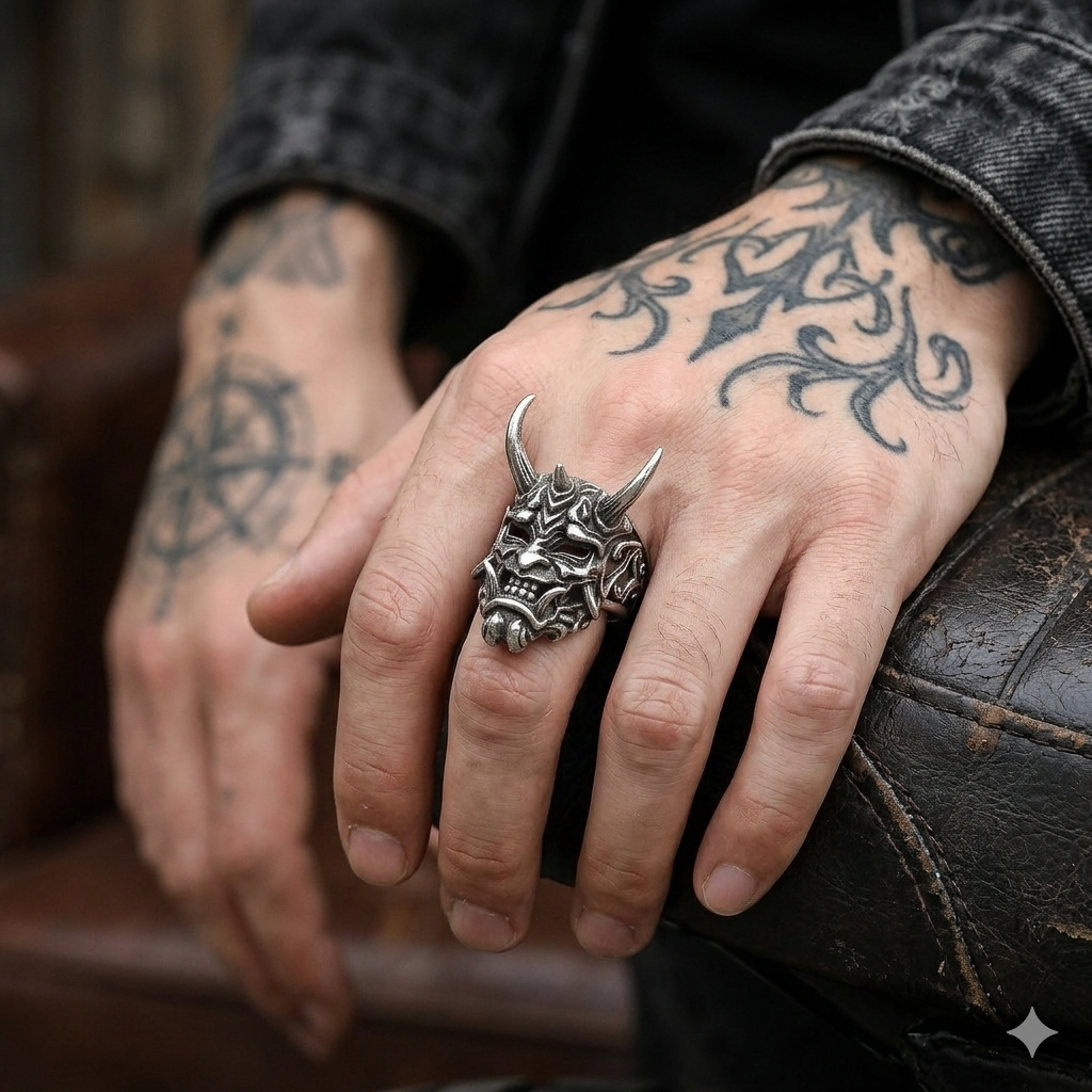 ZMY Home Men's Stainless Steel Japanese Hannya Mask Devil Ring, Gothic Oni Skull Biker Band, Edgy Punk Rock Jewelry Gift for Men