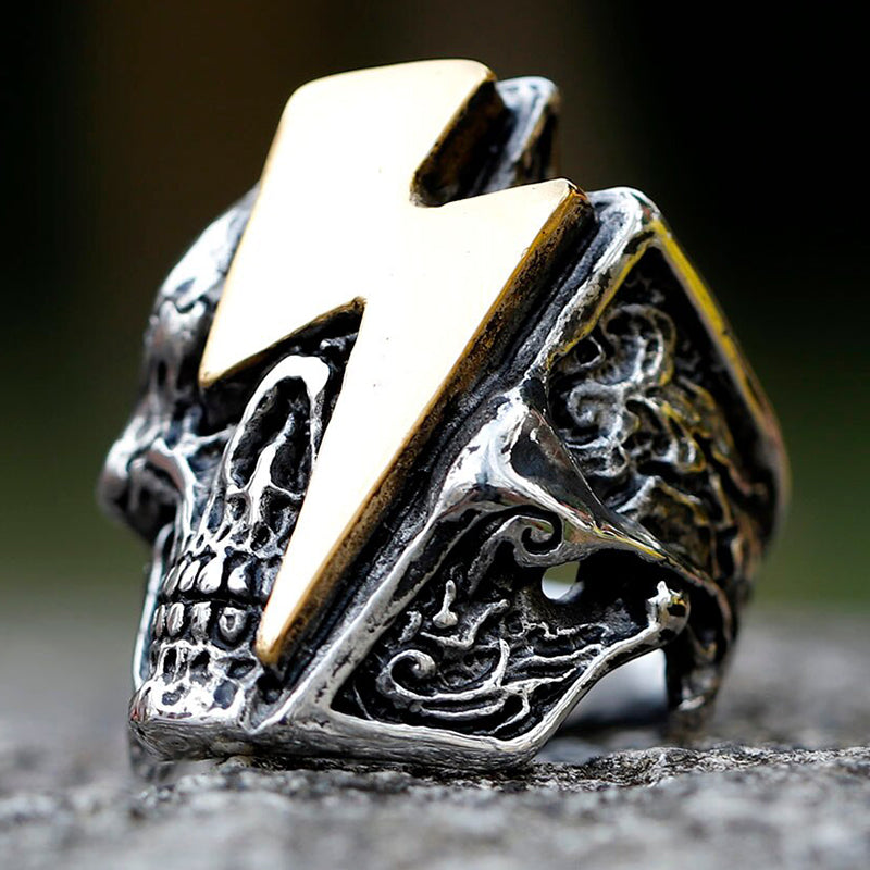 ZMY Home Stainless Steel Punk Rock Skull Ring - Edgy Alt Style with Gold Lightning Detail for Party Jewelry