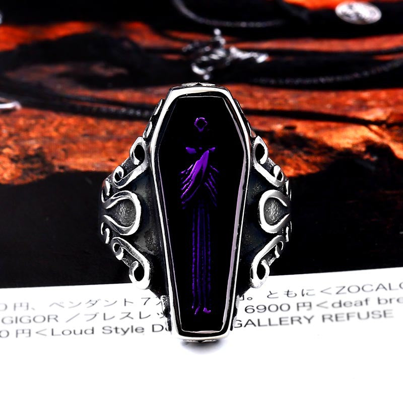 ZMY Home Gothic Coffin Ring for Women, Stainless Steel Purple Resin Vampire Coffin Ring, Vintage Punk Statement Jewelry