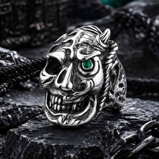 ZMY Home Skull Ring for Men, Stainless Steel Half Face Hannya Ring with Green Eye, Punk Rock Gothic Statement Party Jewelry
