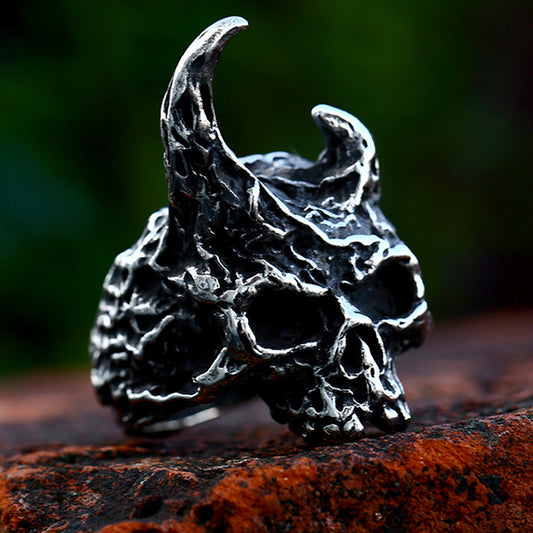 ZMY Home Devil Skull Ring with Asymmetrical Horns | Unique Gothic Stainless Steel Party Jewelry