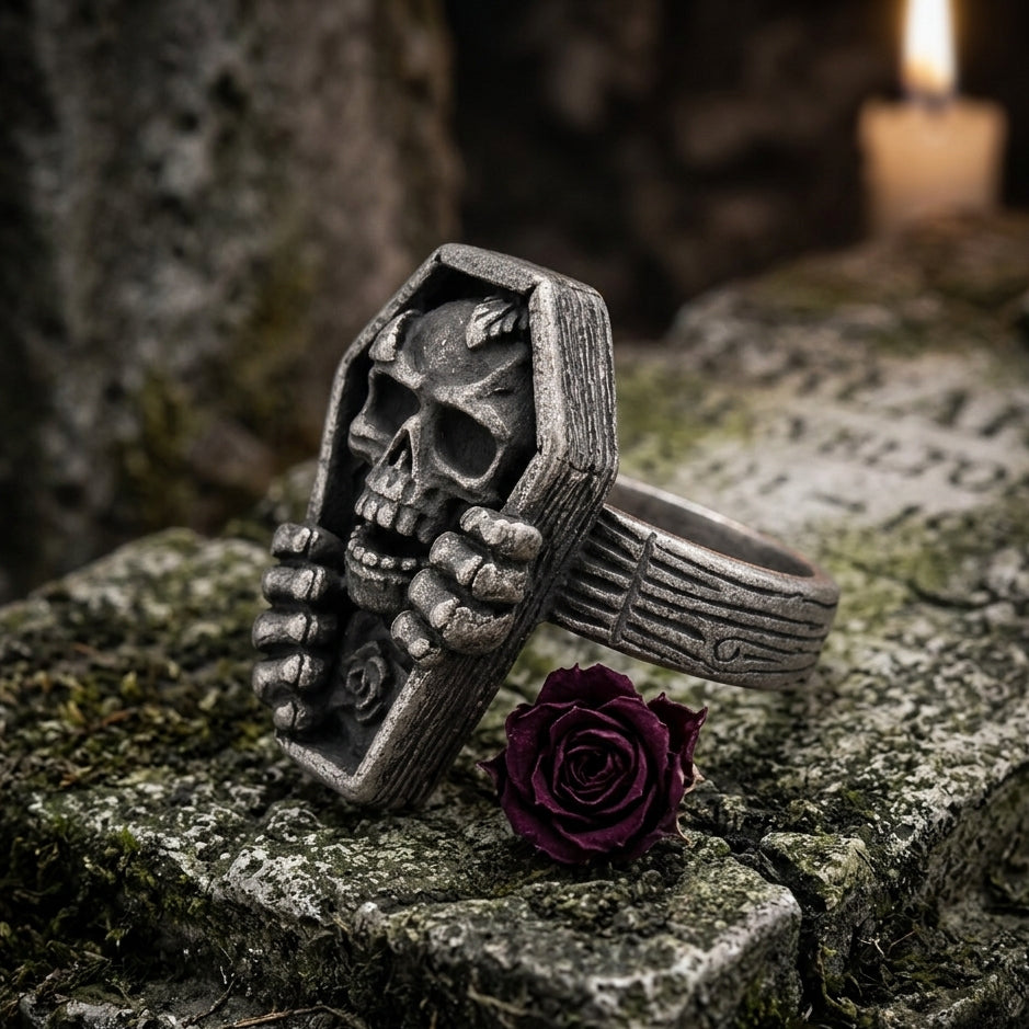 ZMY Home Gothic Coffin Skull Ring for Men, Vintage Skeleton Hand Stainless Steel Biker Ring, Punk Halloween Jewelry Gift