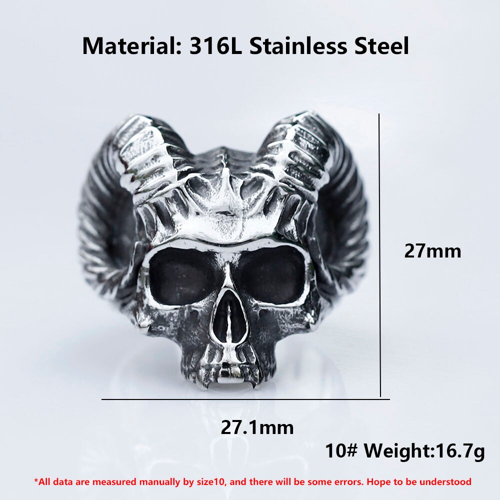 ZMY Home Antique Silver Ram Skull Ring for Men, Gothic Baphomet Goat Horns Demon Style, Edgy Evil Satanic Jewelry Gift