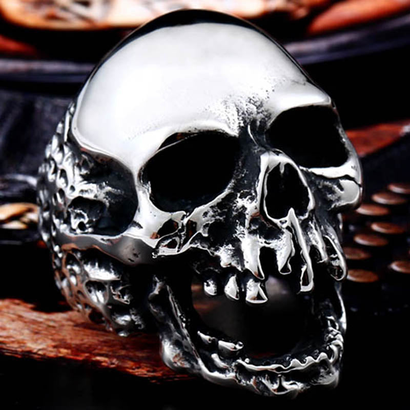 Tribal Skull Ring - Patterned Etched Gothic Skeleton Band