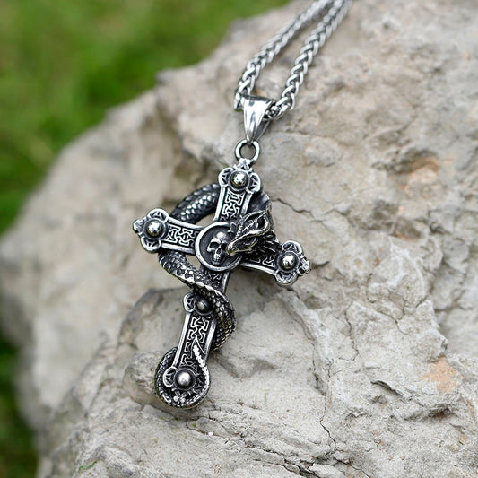 Stainless Steel Cross Pendant Necklace with Skull and Dragon Detail - Unique Design by ZMY Home
