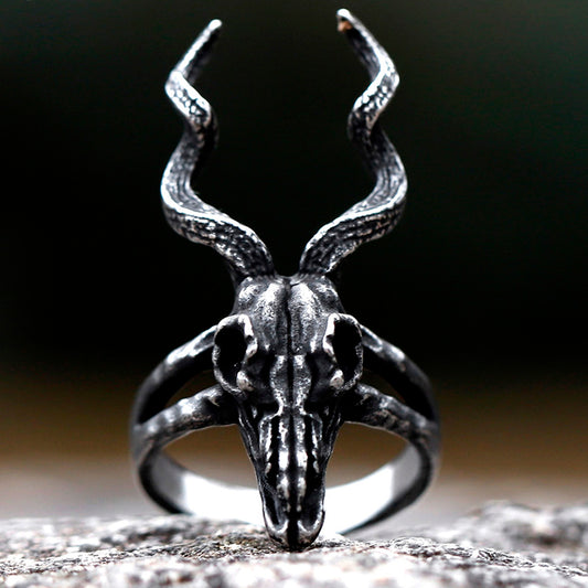 ZMY Home Twisted Horns Stainless Steel Ram Skull Ring Party Jewelry - Unique Devilish Symbolism