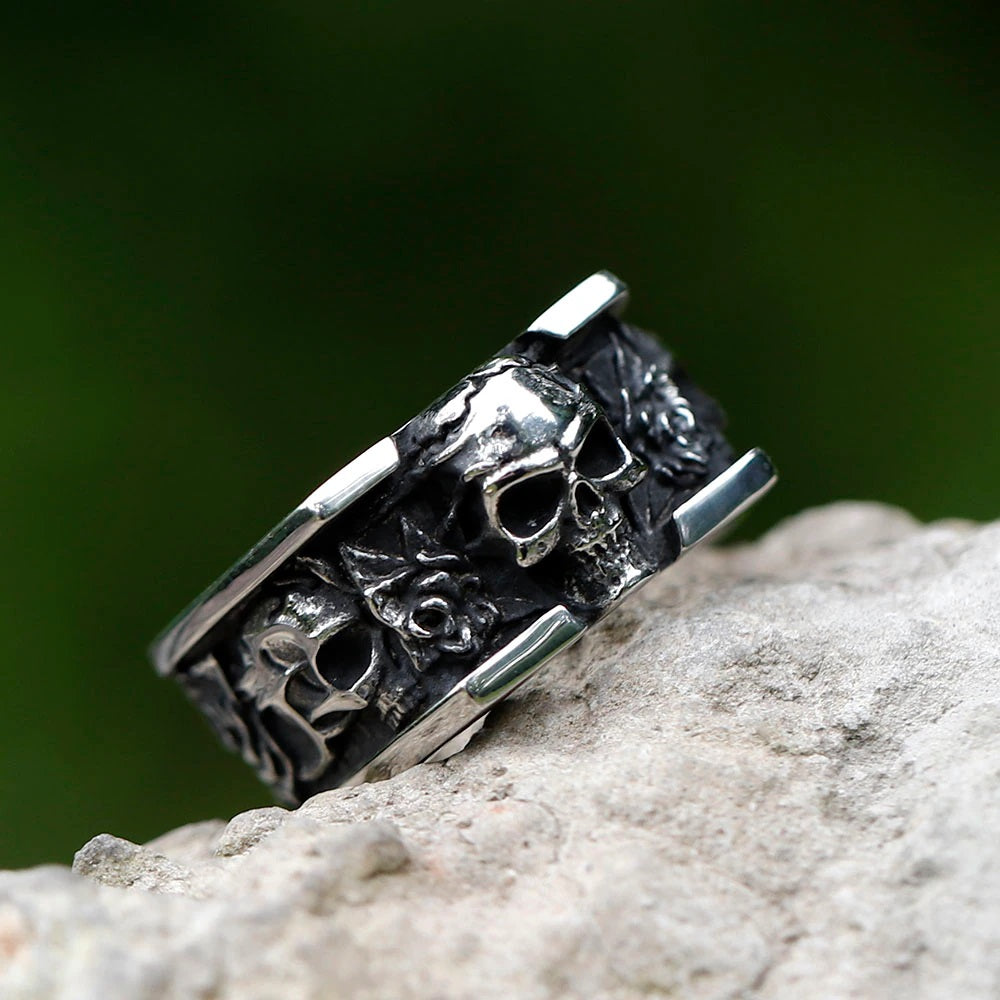 Rose Carved Stainless Steel Skull Ring Party Jewelry - Gothic Rectangle Design by ZMY Home
