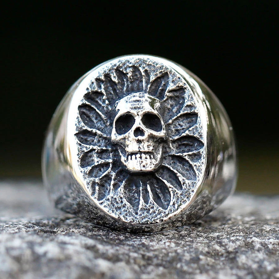 Stainless Steel Skull Stamp Ring with Leaf Design - Unique Men's Party Jewelry by ZMY Home