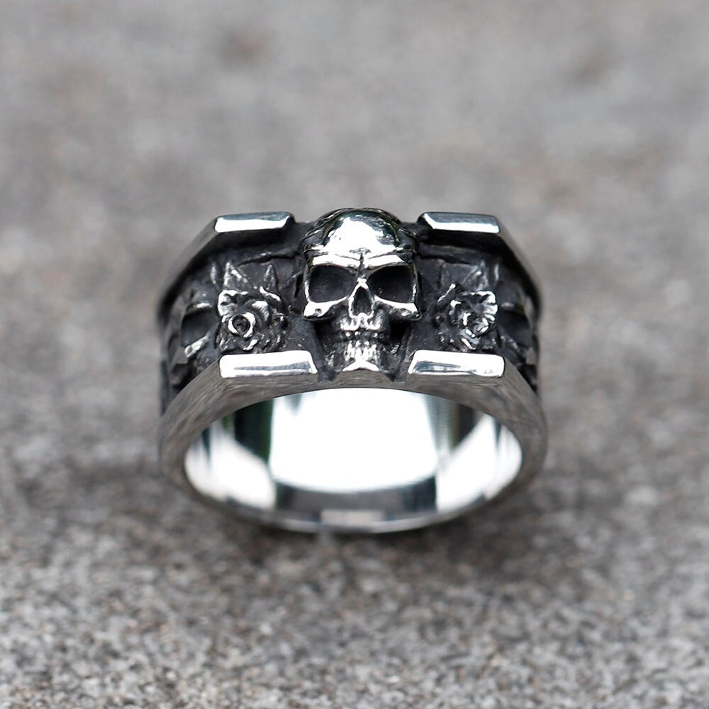 Rose Carved Stainless Steel Skull Ring Party Jewelry - Gothic Rectangle Design by ZMY Home