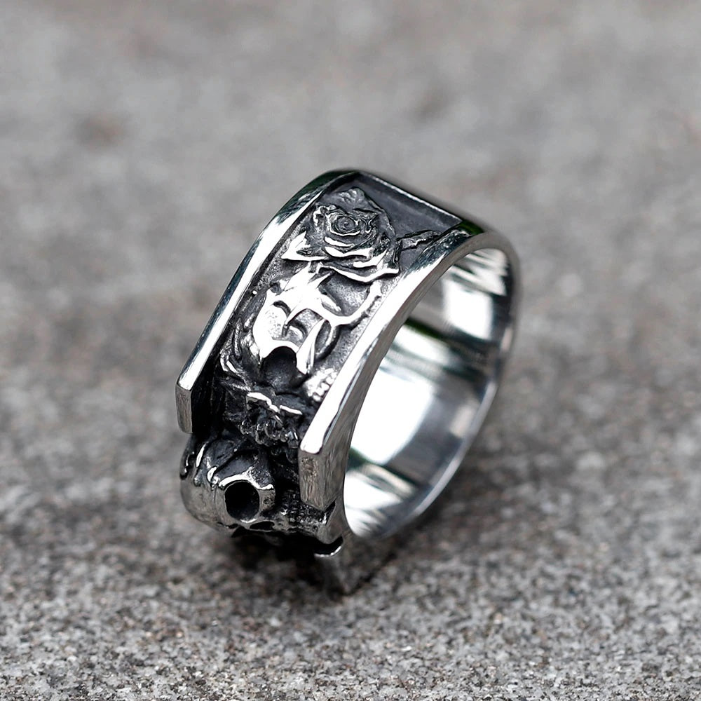 Rose Carved Stainless Steel Skull Ring Party Jewelry - Gothic Rectangle Design by ZMY Home